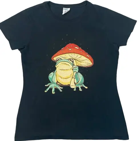 Retro Frog Under Mushroom Umbrella Baby Tee Black Women’s Medium Cottagecore