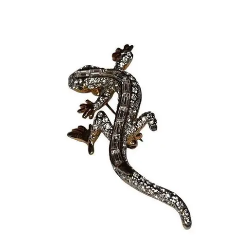 Vtg Clear & Green Rhinestones Reptile Lizard Gecko Jewelry Brooch Mint Condition Gold