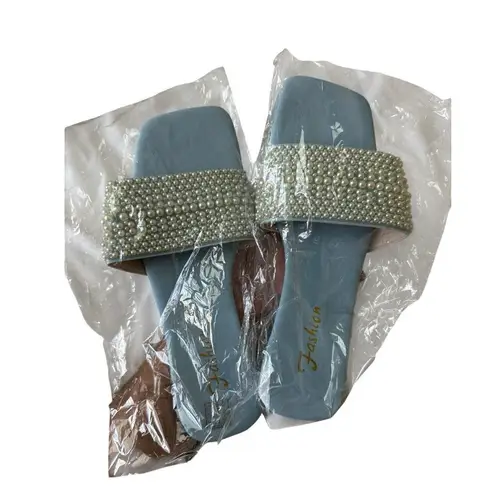 Women’s Blue Pearl Wedding Sandals Size 40 US 9/9.5 Beaded Strap Slip