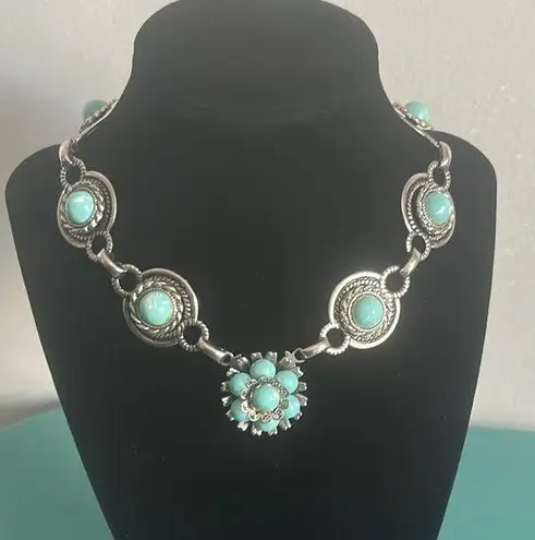 Vintage Faux Turquoise Cabochon Silver Tone Link Southwestern Choker Necklace Blue
