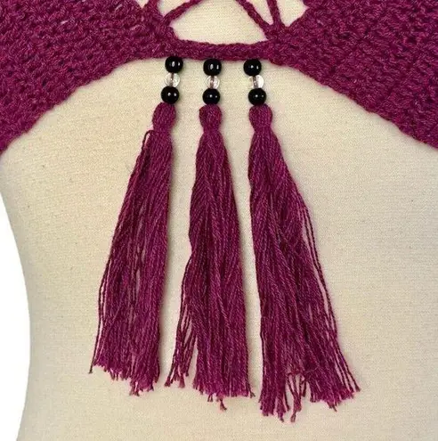 LAKHAYS Crochet Dream Catcher Halter Crop Top Tasseled Beaded Maroon One Size Size undefined