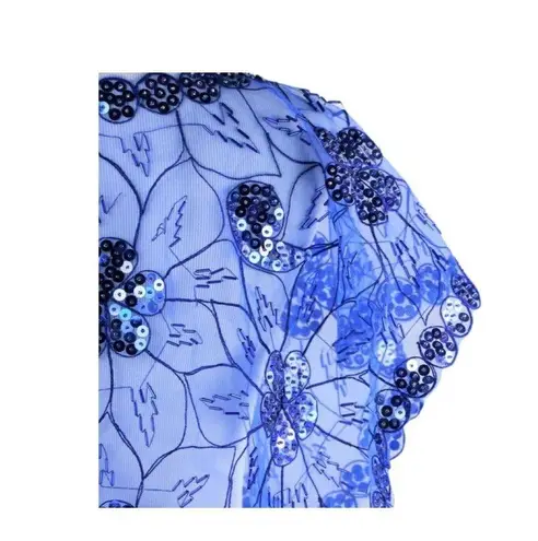 Cobalt Blue Mesh Caped Floral Print Top with Sequins And Beading