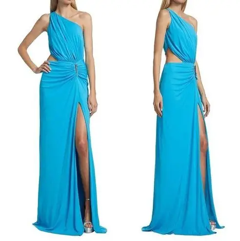 Halston Heritage Halston Ivanna Gathered Asymmetric Cut-Out Gown, Aqua/Blue Size 4 New w/Tag
