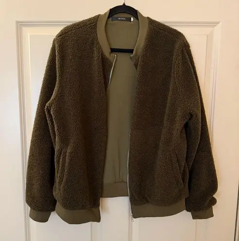 Women’s Sherpa Fleece Bomber Jacket Olive Green Size Large