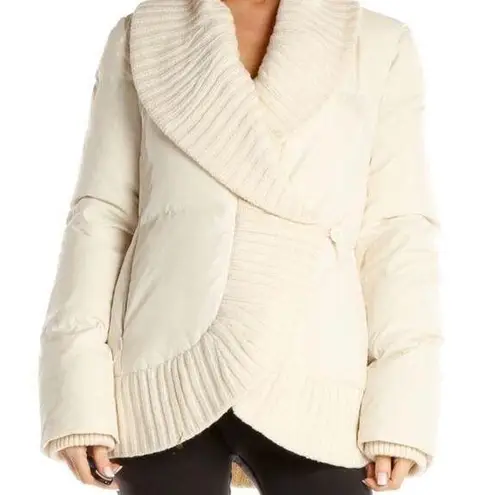 BCBGMAXAZRIA  Cream Puffer Sweater Jacket with knit shawl collar & cuffs size XS