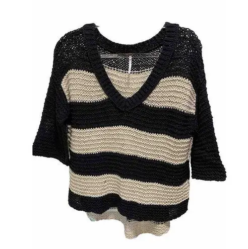 Free People Open Knit Black Tan 1/2 Flare Sleeve Oversized Sweater Size Small