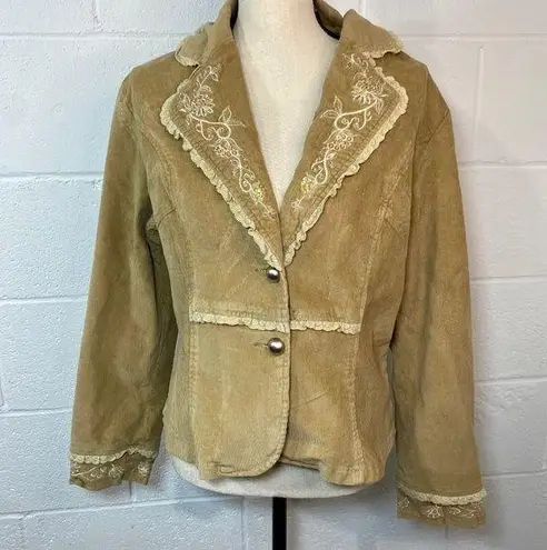 Misha Y2K Vintage Tan Corduroy Floral Embroidered Sequin Blazer Jacket Size XL