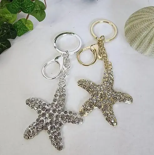 Silver and Gold Crystal Embellished Starfish Purse Charm Keychain
