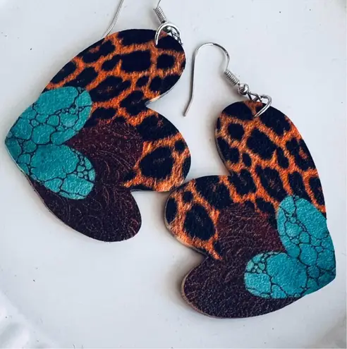 Faux Leather Triple Heart Animal Print Dangle Earrings New Orange