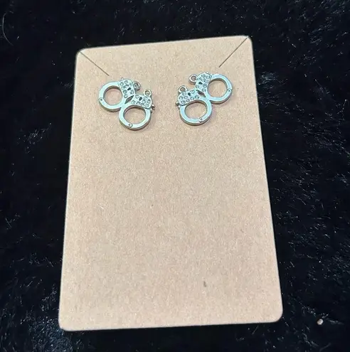 Rhinestone Handcuff Stud Earrings Silver Tone – Edgy & Playful Statement Jewelry
