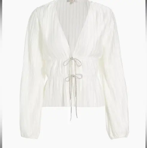 WAYF Payton blouse | White | Small | Tie front sparkly bow pleated satin v neck