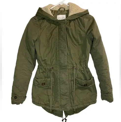 Delia’s Womens XS Full Zip Up Sherpa‎ Lined Hooded Military Jacket Olive Green