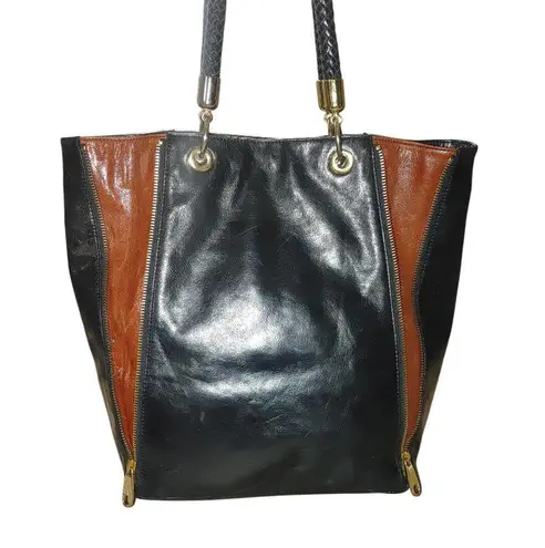 Badgley Mischka Expandable Black Leather Bucket Bag Tote Shopper Mayra Shine