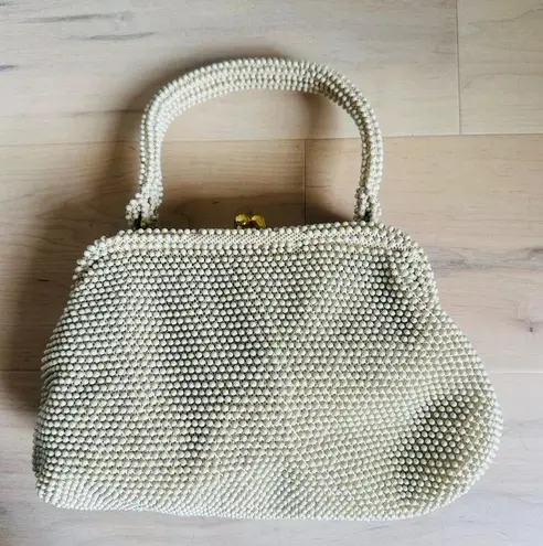 Vintage 1950s Handbag Top Handle Beaded Retro Corde' Bead Neutral Purse