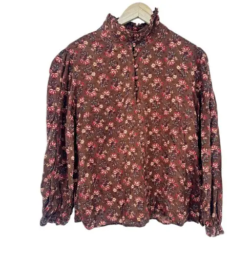 April Cornell Top Medium Floral Brown Button Retro Cottagecore Boho Peasant