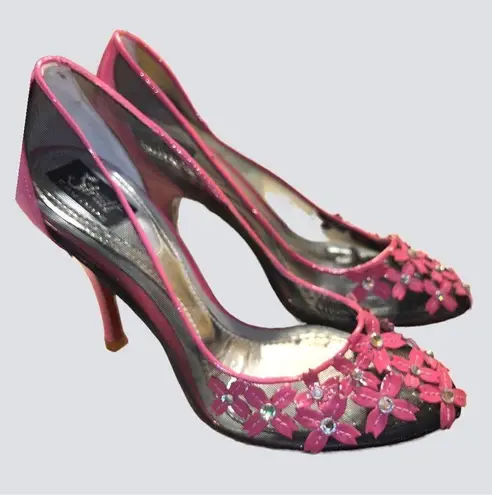 Stuart Couture gorgeous unique pink patten leather heels with black mesh… Size 6.5