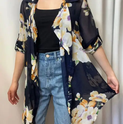 Navy Blue Floral Kimono Open Front Chiffon Lightweight Flowy Cardigan Swimsuit Coverup Size M