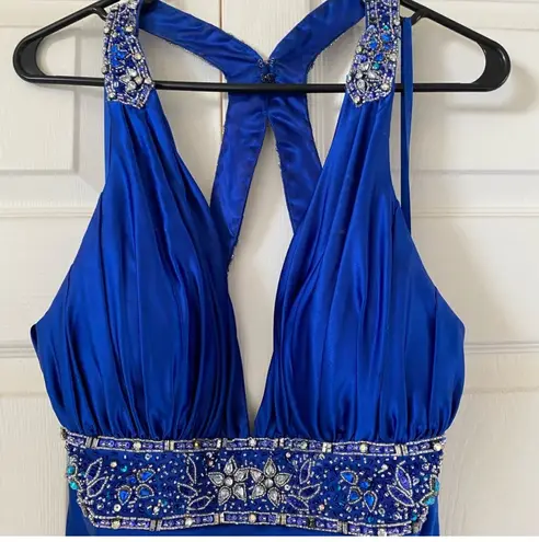 Cache Caché Blue Beaded Prom Dress Open Backed