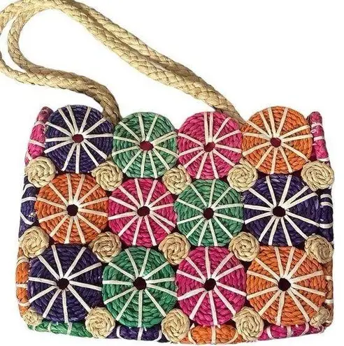 Straw colorful artisan circle pattern purse