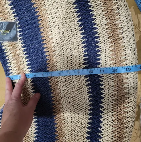 Tan and navy blue striped woven straw tote shoulder bag