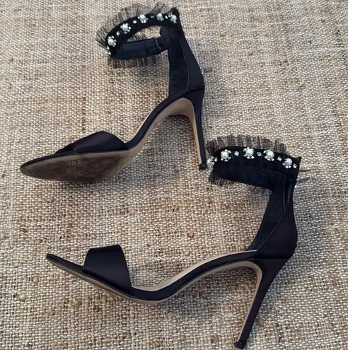 Jewel Badgley Mischka Black Satin Embellished Tulle Stilleto Heels Size 8.5