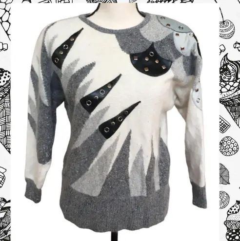 Vintage 80s IB Diffusion Cream Grey Black Graphic Studded Mohair Sweater M Gray Size M