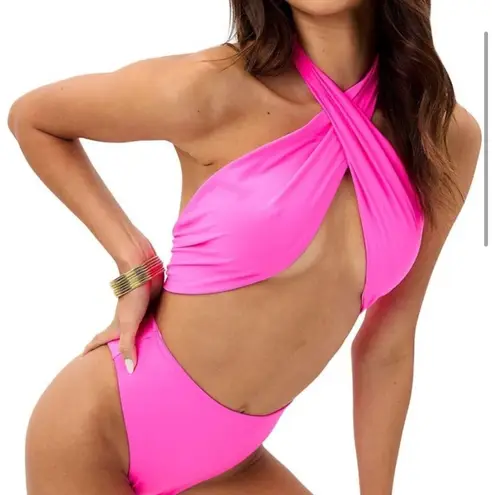 frankie's bikinis Dorothy hot pink cross chest wrap one piece bikini L