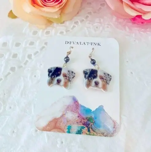 Australian Shepherd Aussie Dog Face Beaded Earrings Double Sided NWT Black