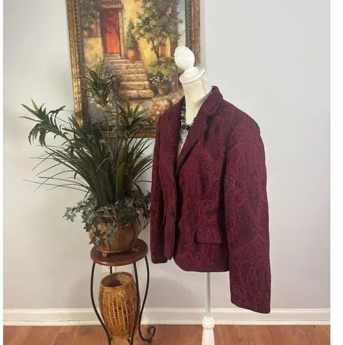 Rena Rowan Blazer Jacket Womens 16 Maroon Paisley Print Single Breasted 2 Button
