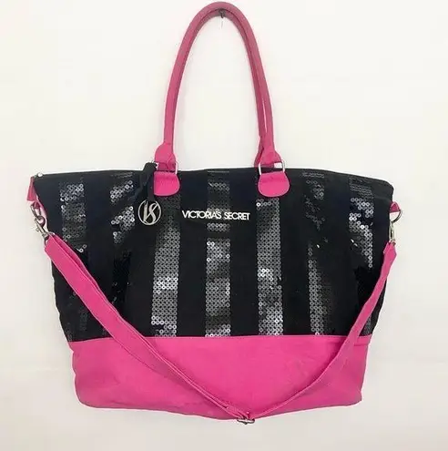 Victoria's Secret Victoria’s Secret sequin bling pink and black large tote weekender bag