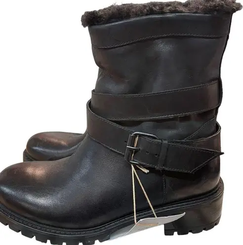 ROSS & SNOW Christiana Boot Black Leather Moto Combat Shearling Lining 5