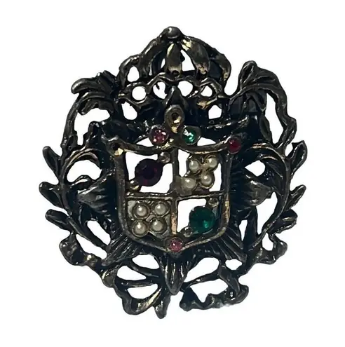 Antique Edwardian Coat of Arms Shield Crest Pink Garnet Emerald Pearls Brooch Red
