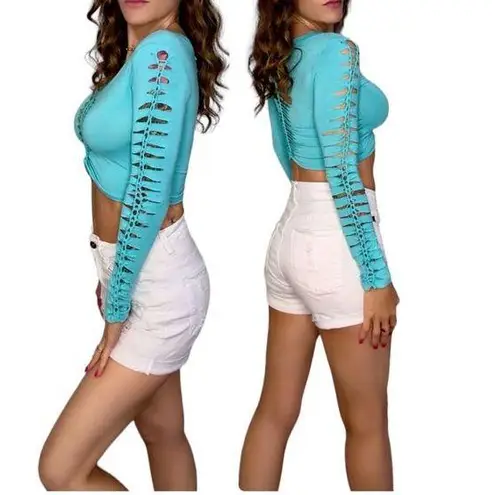 SLIT WEAVE Knotted Long Sleeve Turquoise Crop Top Rave Party Festival Club Sz S
