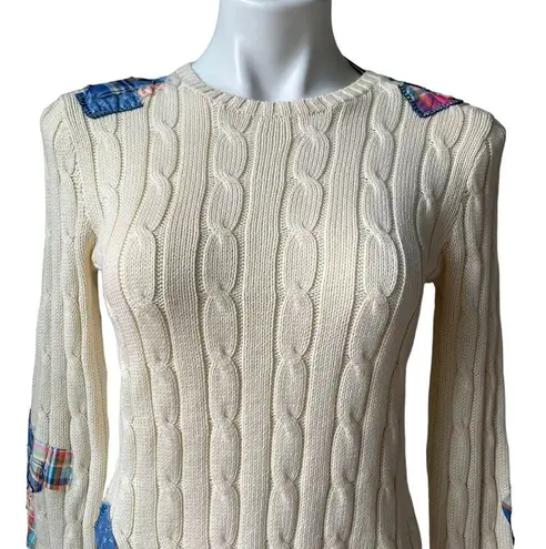 Polo NWT,  Ralph Lauren Patchwork Cable Knit Cotton Sweater Crew Neck, Sz S