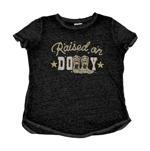 Maurice's Raised on Dolly Dark Gray Black Burnout Shirt Gold Font Boots Size M - Image 1