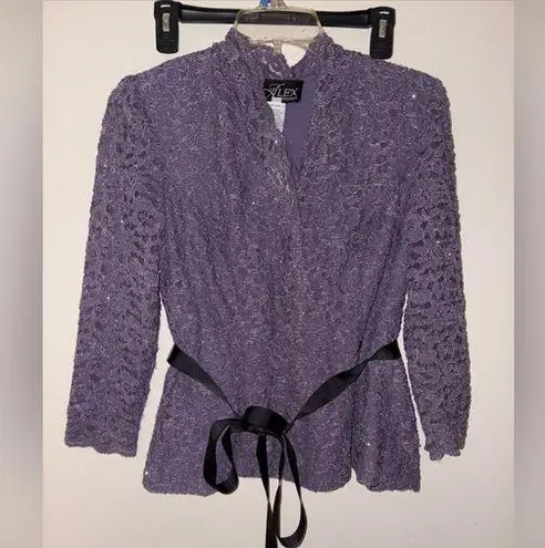 Alex Evenings Blouse Top Purple Small Dressy Sparkle Black Waist Ribbon Belt