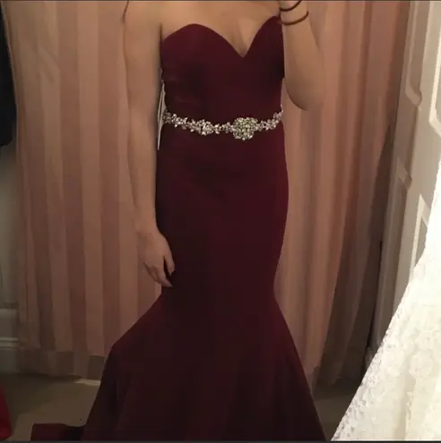 Jovani Burgundy Mermaid Prom Dress - Image 4