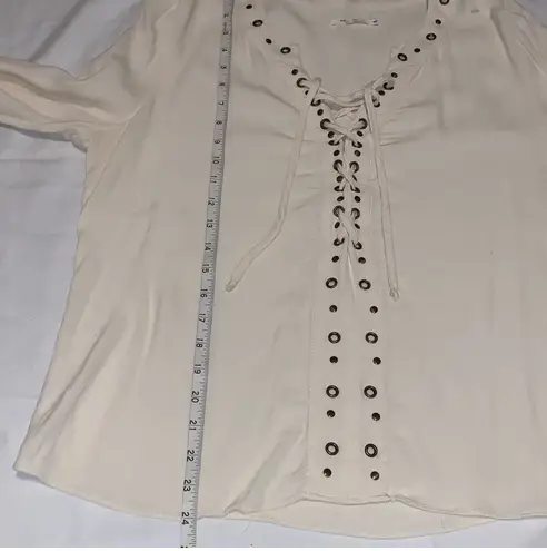 Tularosa Rosario Long Sleeve Beaded Lace Up Split Plunge Neck Crepe Top Off White Cream