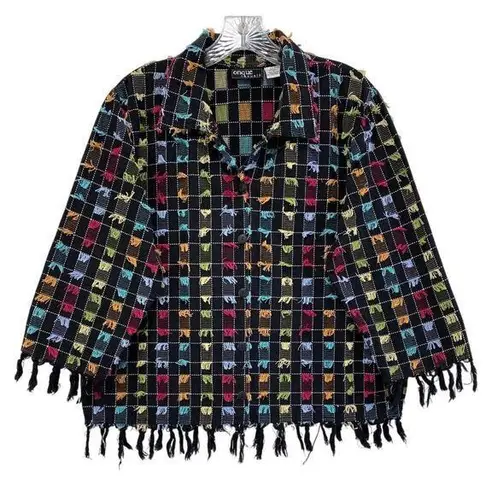 Onque Casuals Lightweight Eyelash Fringe Hem Button Up Shacket Top Size XL Boho Black