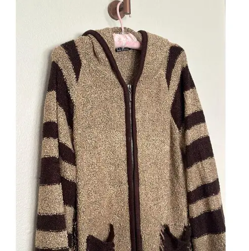 Handmade Vintage 100% Pashmina Brown Striped Knit Boucle Full Zip Poncho Sweater OSFM