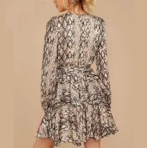 Y2K Snake Print Plunge Neckline Gray Animal Pattern Mini Dress Size Medium Tan