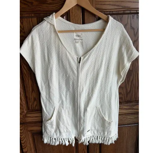 Roxy  White Short Sleeve Zip Up Poncho Fringe Bottom Women's Medium Hooded