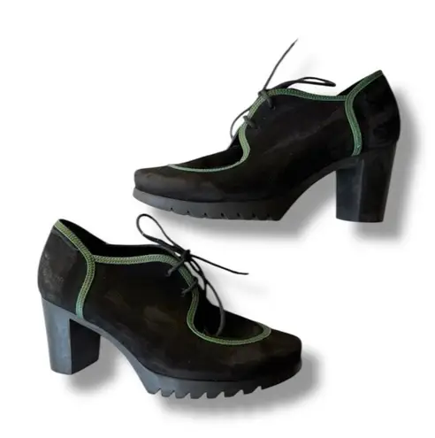 Arche Black Nubuck Suede Lace Up Heels Green Trim Woman's Sz 39 Bootie Lug Sole