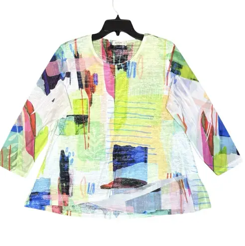 Jess & Jane Abstract Colorful Mesh Mixed Media Tunic Top Large Lagenlook Fairy White
