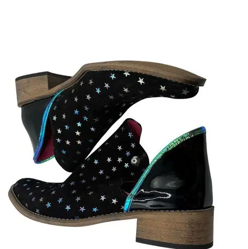 Chanii B Zippette Black Foil Star Ankle Boot Suede Blue Purple Green Bootie 36 Size 5.5