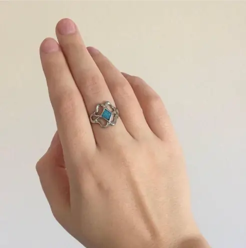 Vintage Blue Green Turquoise Stone Diamond Design Swirl Statement Ring