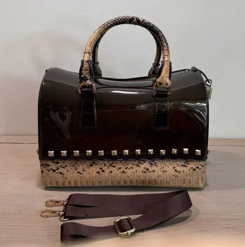 Large Studded Jelly & Faux Snakeskin Duffle Shaped Bag Oversized Purse Y2K Glam Brown