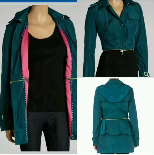 Betsey Johnson Teal Green 2-in-1 Convertible Zip Anorak Peplum Raincoat Hooded Jacket $200 EUC M