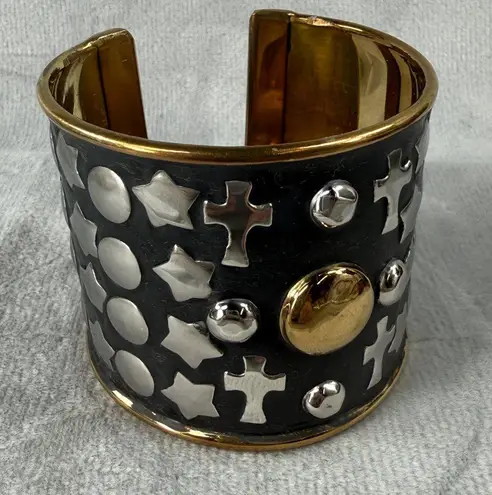Gold Black Silver Tone Wide Cuff Bracelet Crosses Stars Circle Accents Open Back