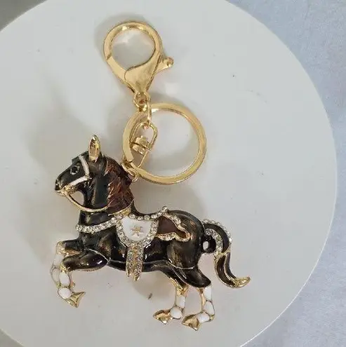 Statement Brown with Zircon Enamel Horse Purse Charm / Keychain Gold